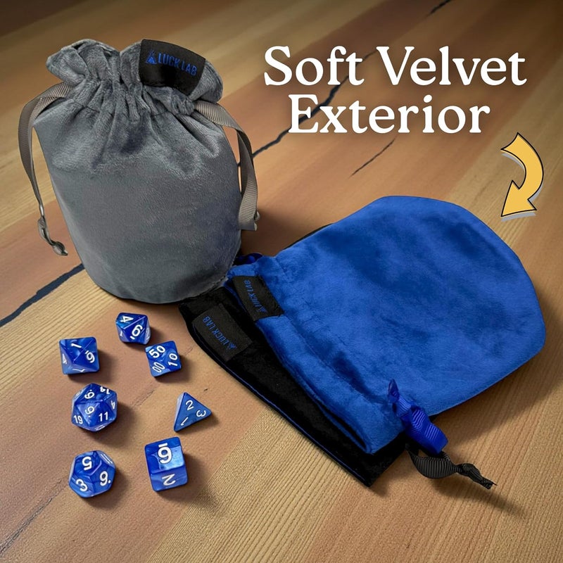 Luck Lab Velvet Drawstring Dice Bag - Set of Three Colors - Dungeons and Dragons Fabric/Standing Cotton Fabric Dice Bags/D&D Dice Pouch/Small Pouch/Velvet Jewelry Bag (Blue, Black, Grey) - Image 3